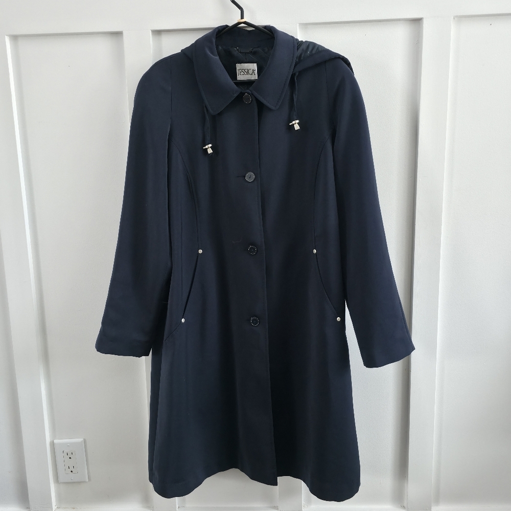 Jessica Classic Navy Blue Hooded Raincoat – Elegant Trench Style- Plus size 16